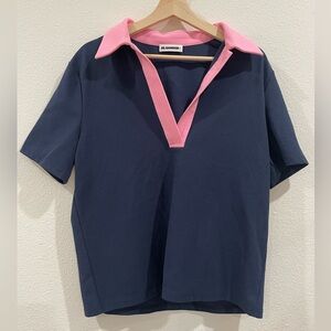 Jil Sander Navy and Pink V-Neck Polo Shirt Size Large